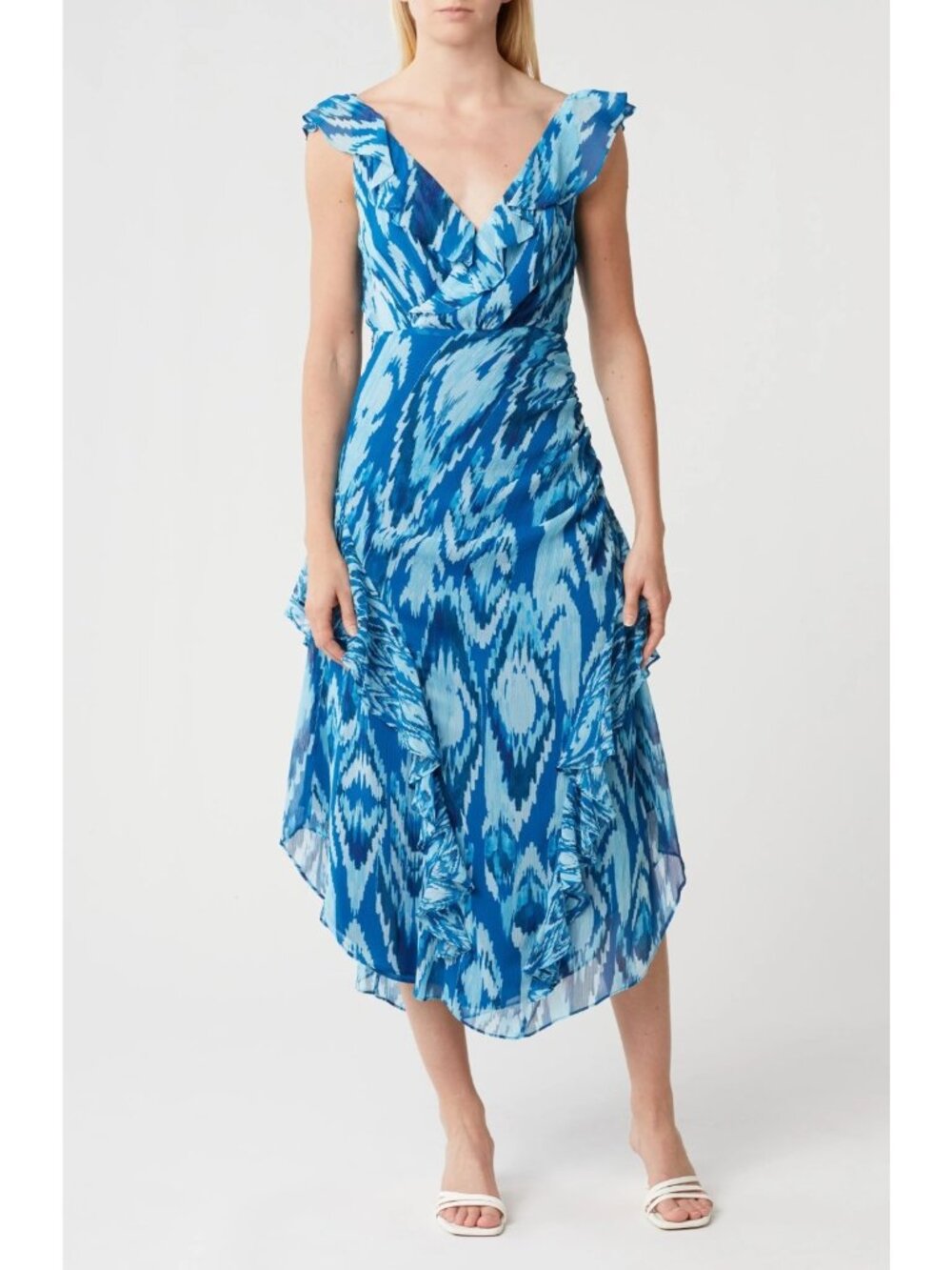 Ramy Brook Anika Women's Ruffle V-Neck Chiffon Midi Dress Laguna Blue Size 8